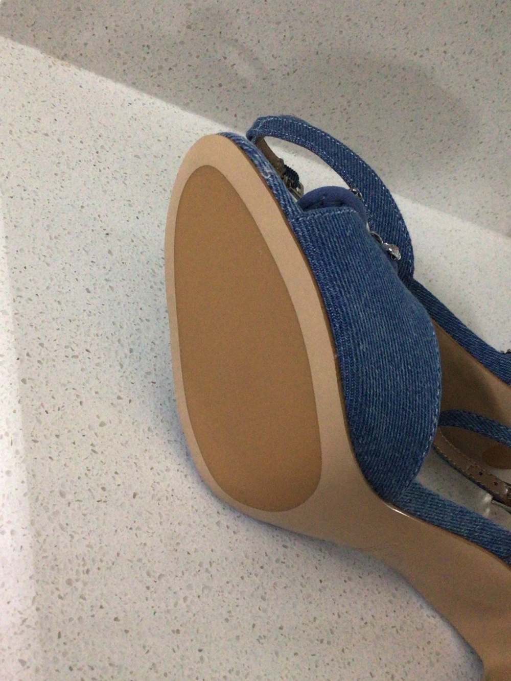 GUESS Denim Crystal Bow Slingback Heels - Picture 3 of 6